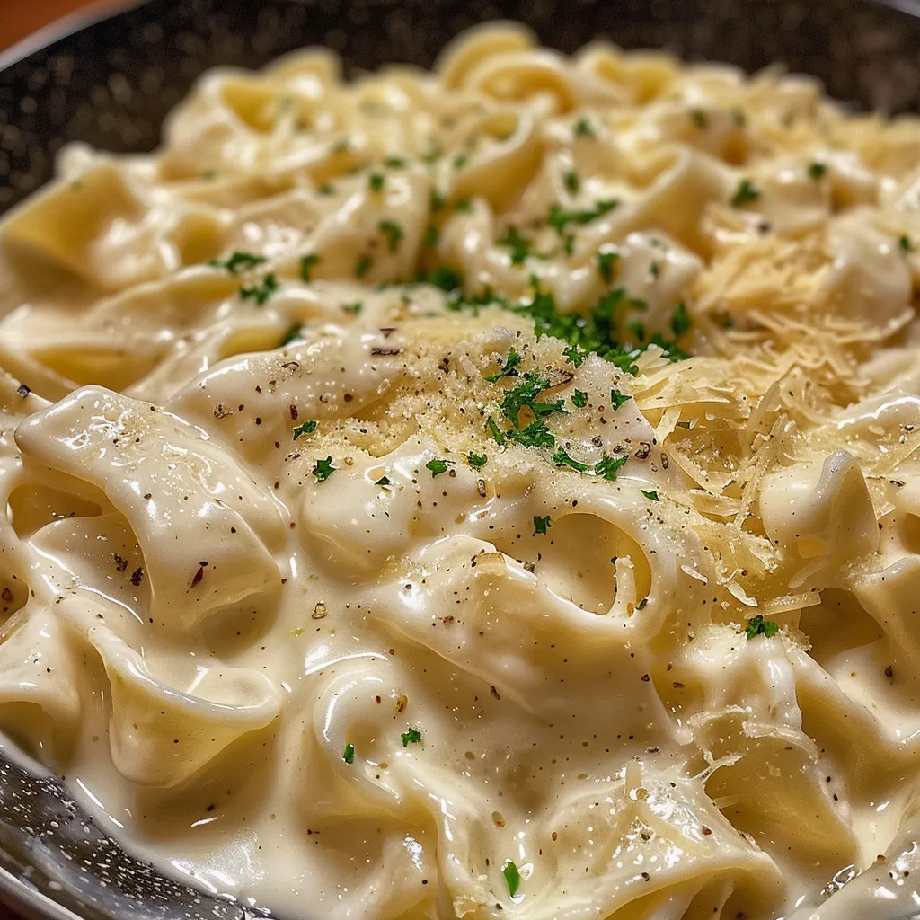 Detailed view of Molho Alfredo, highlighting its creamy consistency and seasonings.