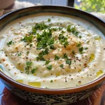 Tigela de molho de iogurte grego com ingredientes frescos ao fundo.