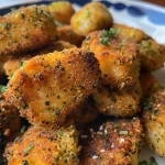 Prato com nuggets veganos, destacando a cor verde dos brócolis e a crocância da camada exterior.