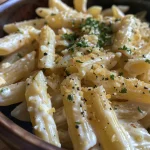 Porção de Penne com molho cremoso de iogurte, ervilhas e nozes, vista lateral.