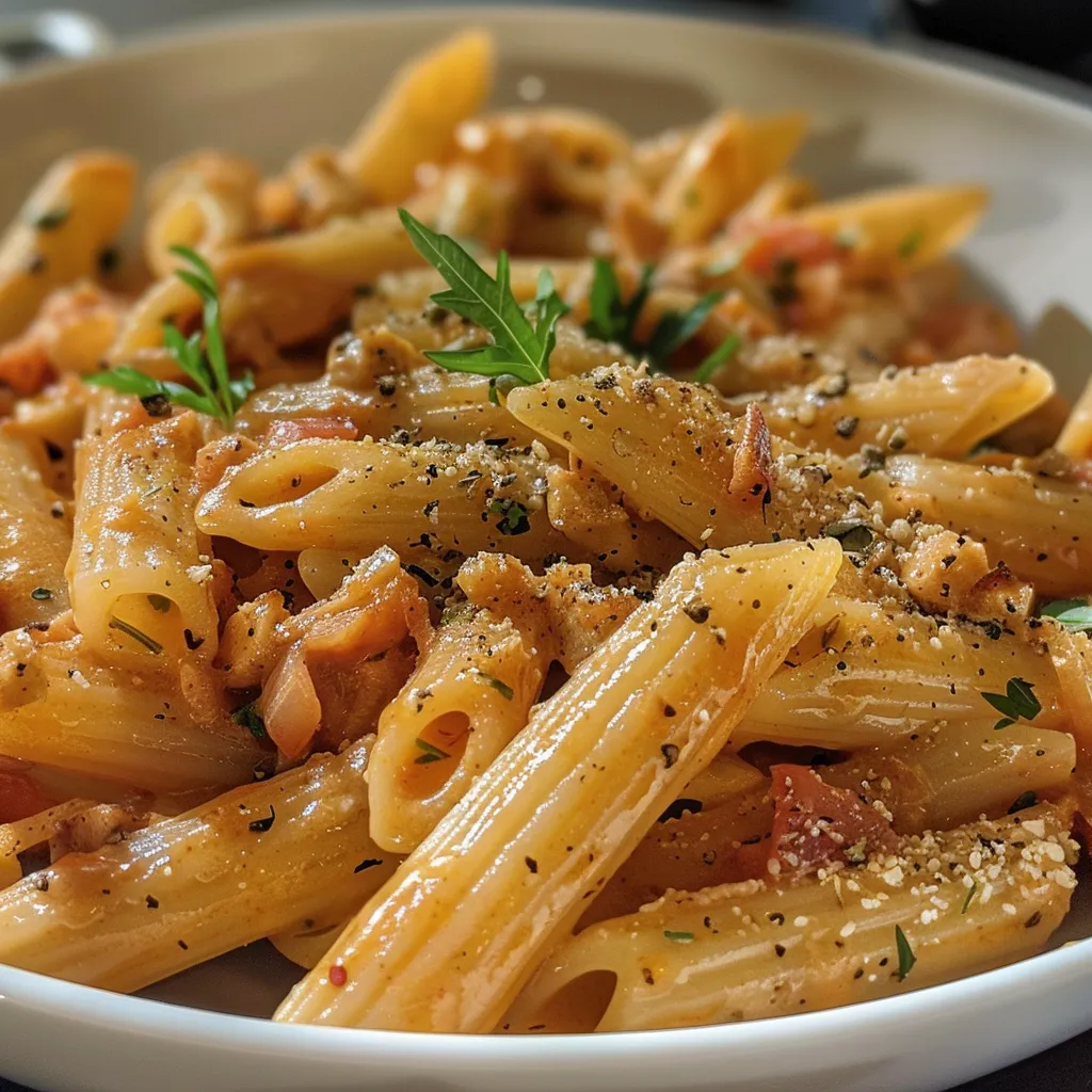 Close de Penne ao molho de iogurte, com nozes e ervilhas, em uma apresentação apetitosa.