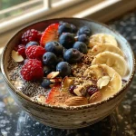 Quinoa misturada com leite de amêndoa e coberta com frutas frescas.