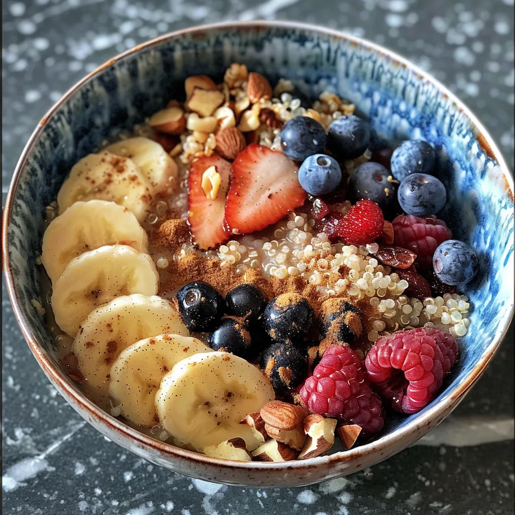 Café da manhã saudável de quinoa com cobertura de manteiga de amêndoa.