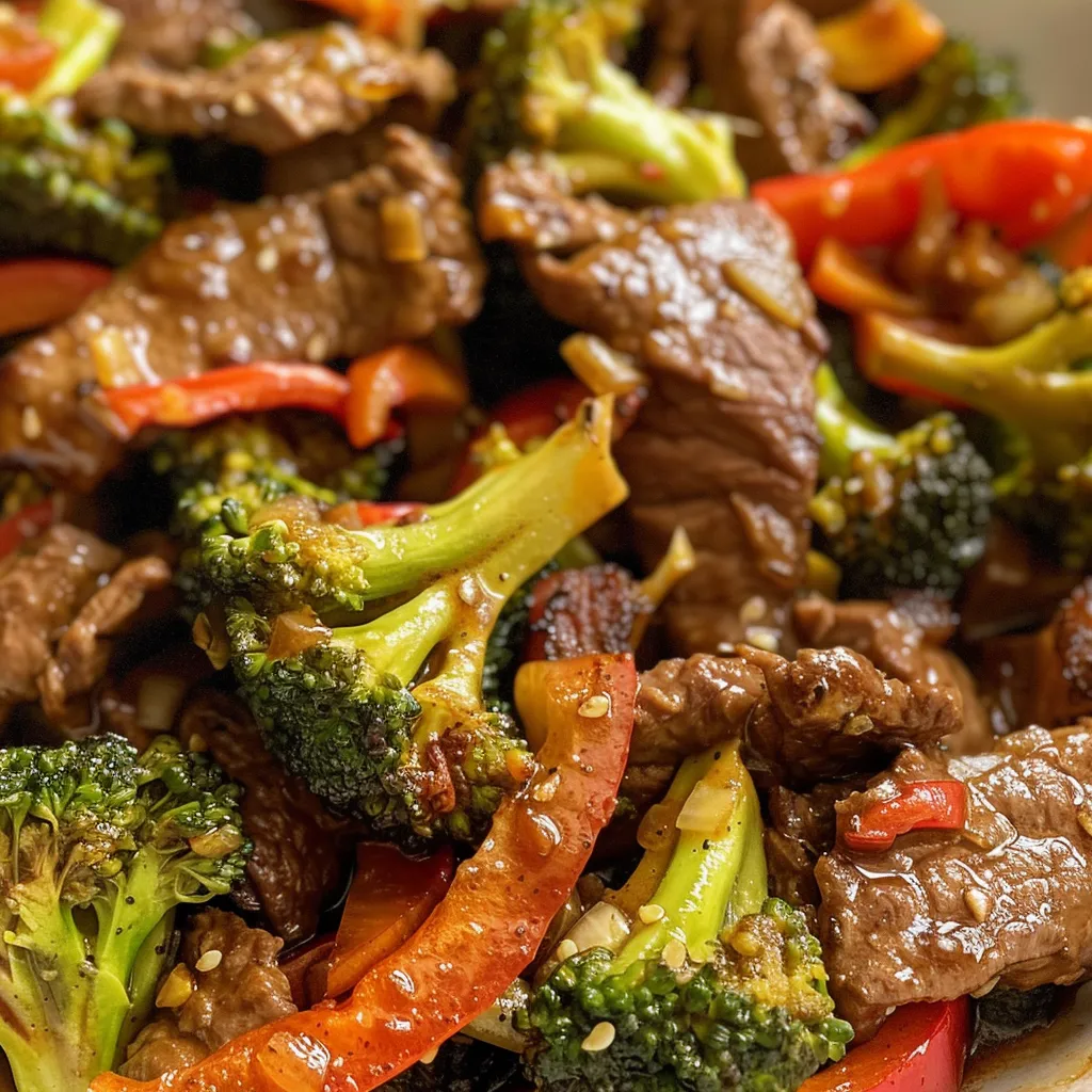 Detalhe de um stir fry de carne e brócolis, com pimentões e molho.