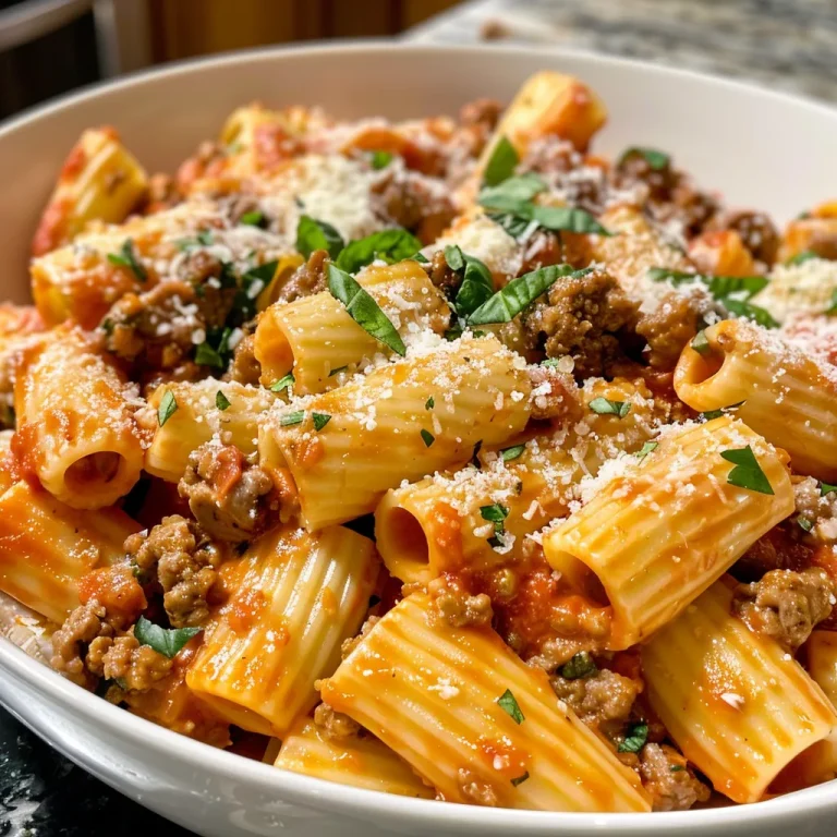 Detalhe de uma refeição de rigatoni assado, mostrando camadas de queijo e molho.