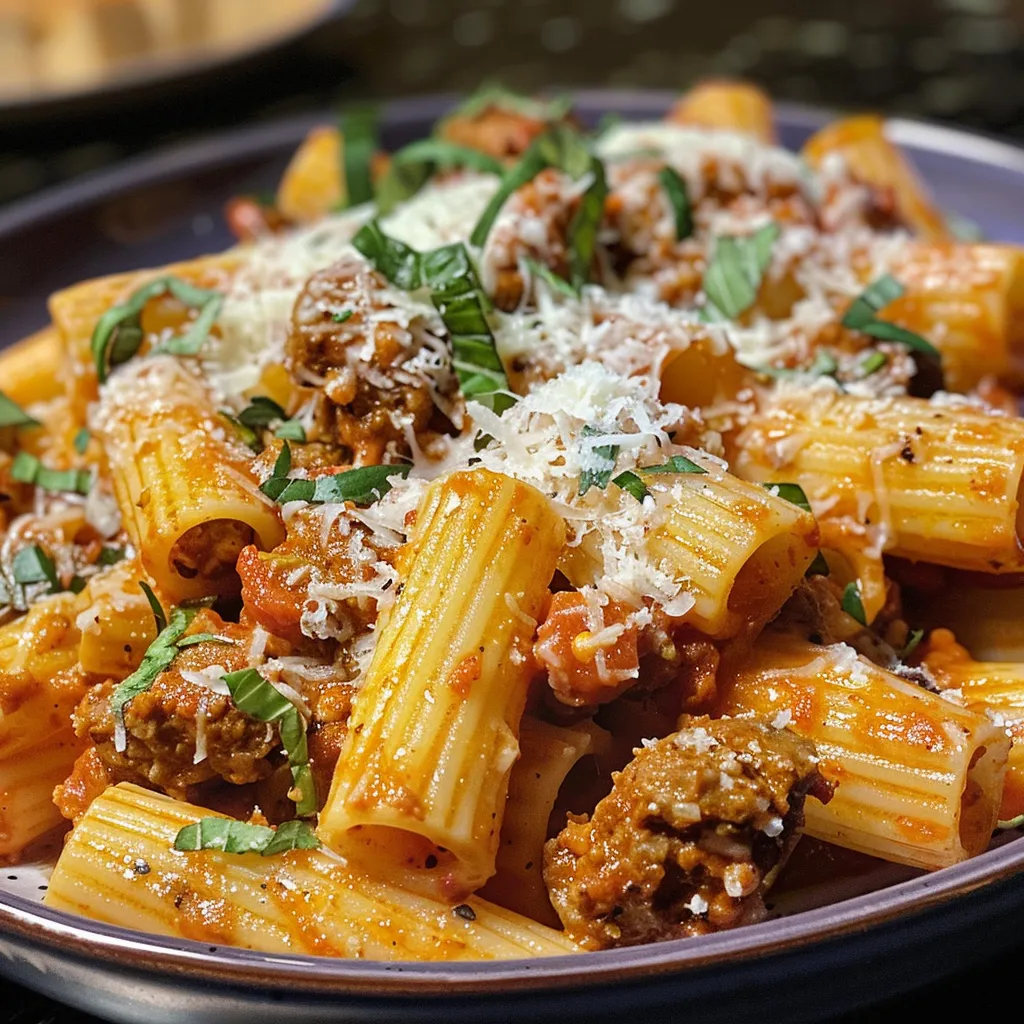 Foto de rigatoni assado, ressaltando sua textura deliciosa e ingredientes frescos.