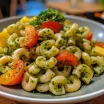 Salada colorida de macarrão tricolor com pesto e vegetais frescos.