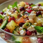 Detalhe de uma salada rica em ingredientes frescos e vibrantes.