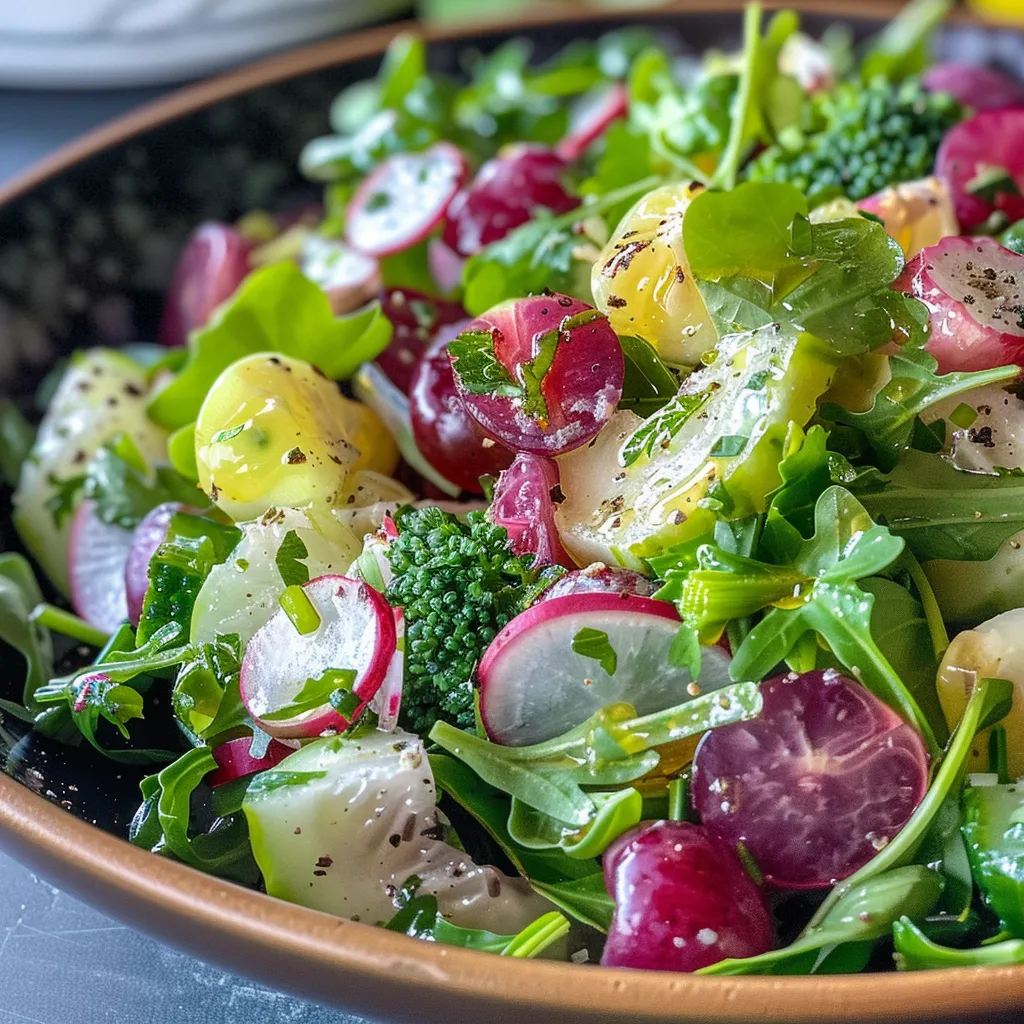 Detailed view of a healthy salad with a creamy dressing, garnished with parsley.