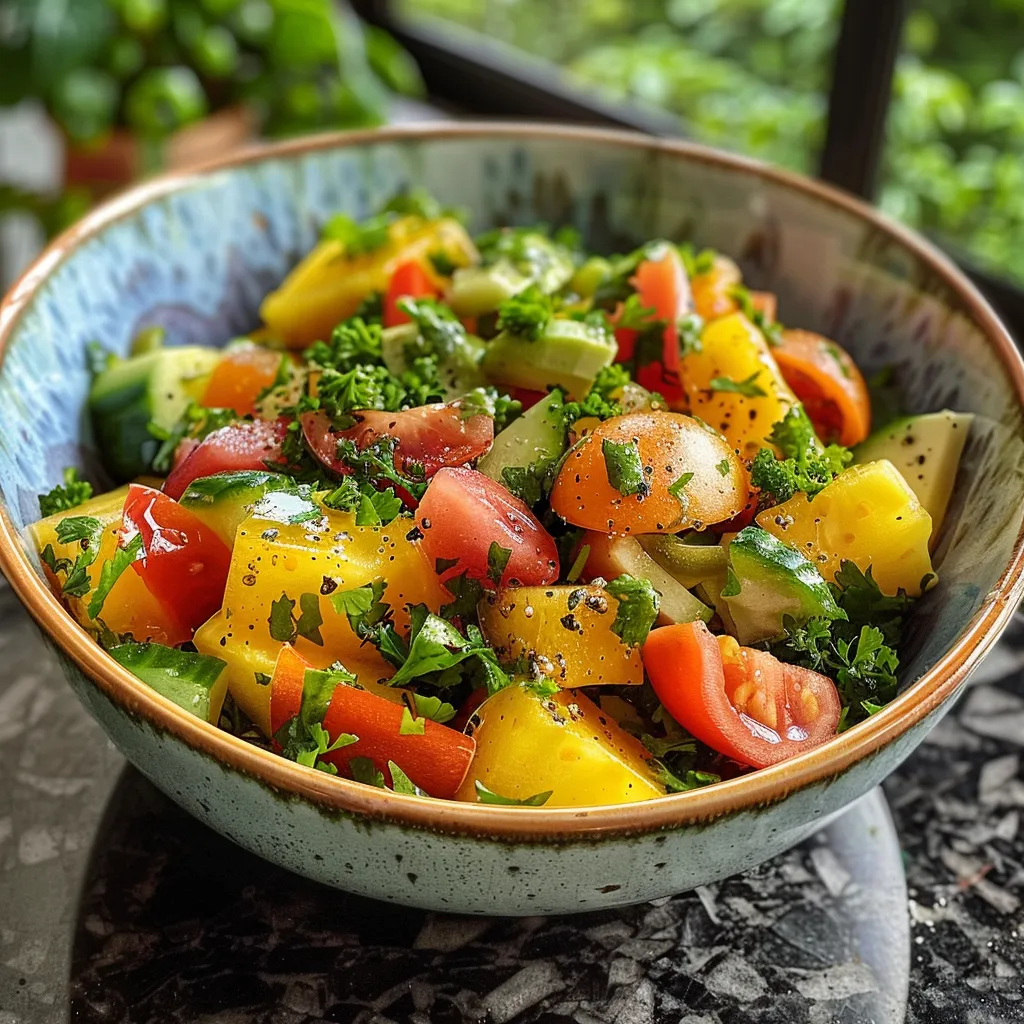Vista lateral de uma salada tropical com variedade de ingredientes.
