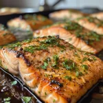 Salmão suculento assado com crosta verde e temperos visíveis.