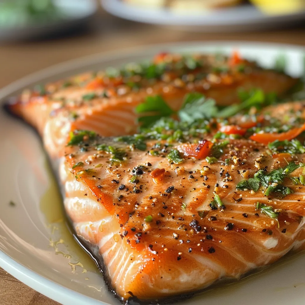 Detalhe de um prato de salmão ao forno com ervas frescas picadas.