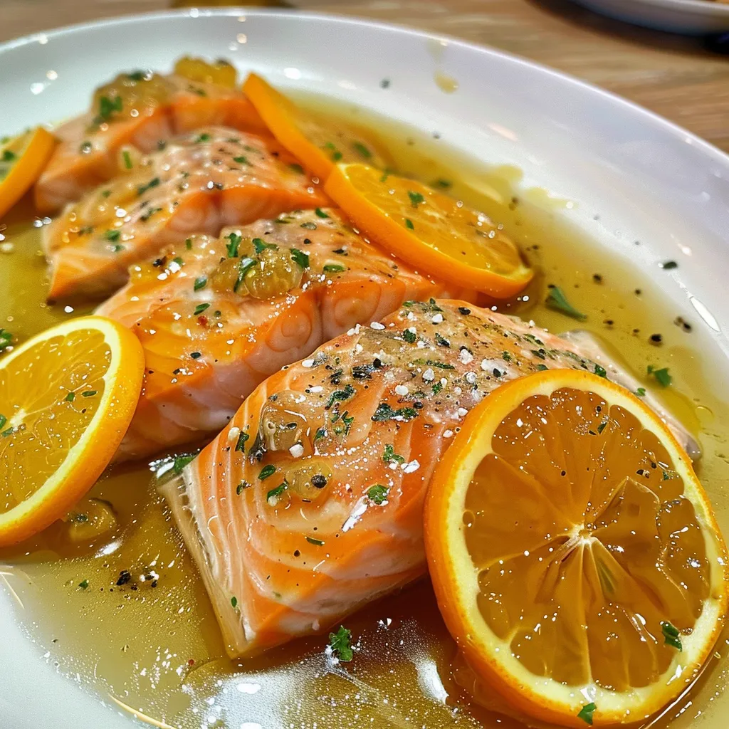 Porção generosa de salmão ao molho de laranja, decorada com salsa fresca e legumes.