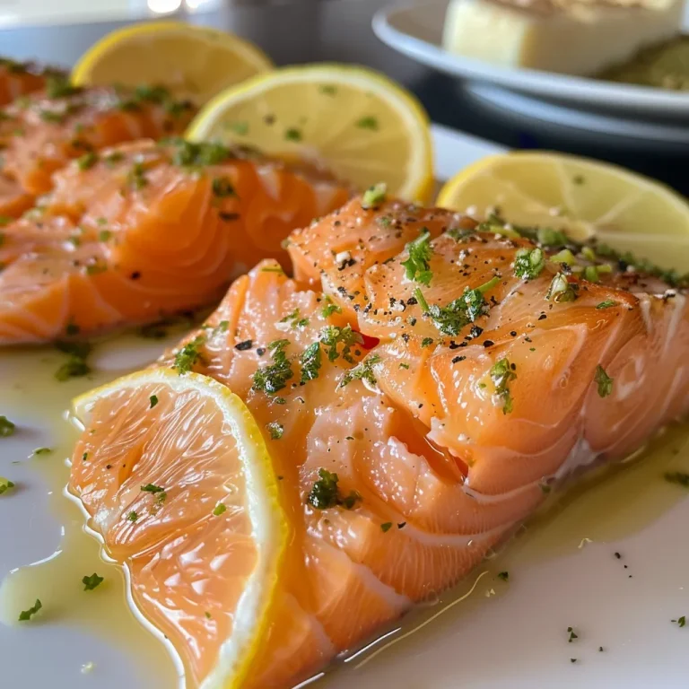 Prato de salmão ao molho de limão, decorado com cebolinha e purê de batatas.