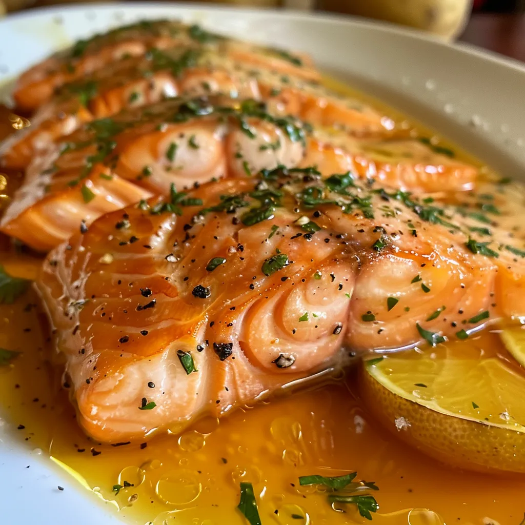 Vista lateral de salmão com molho, acompanhado de purê de batatas cremoso.