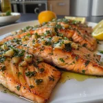 Detailed shot of a succulent salmon dish garnished with herbs and slices of lemon and lime.