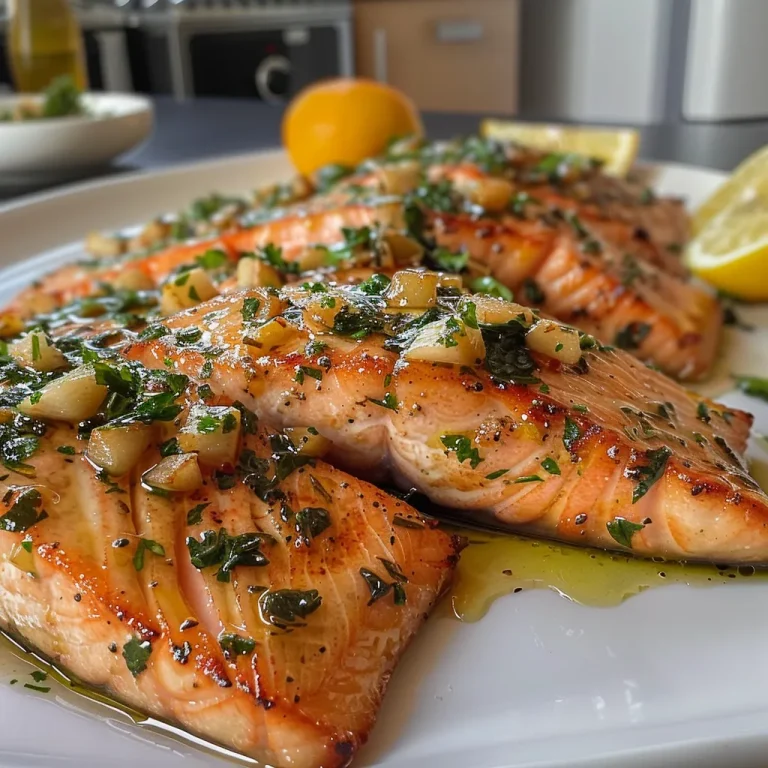 Detailed shot of a succulent salmon dish garnished with herbs and slices of lemon and lime.