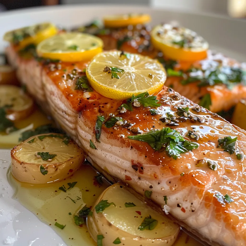Delicious roasted salmon with a zesty citrus glaze, served with sliced potatoes.