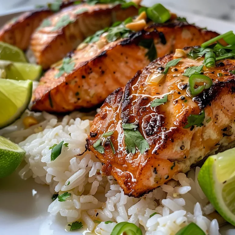 Side view of beautifully plated salmon dish with herbs and coconut-infused rice.