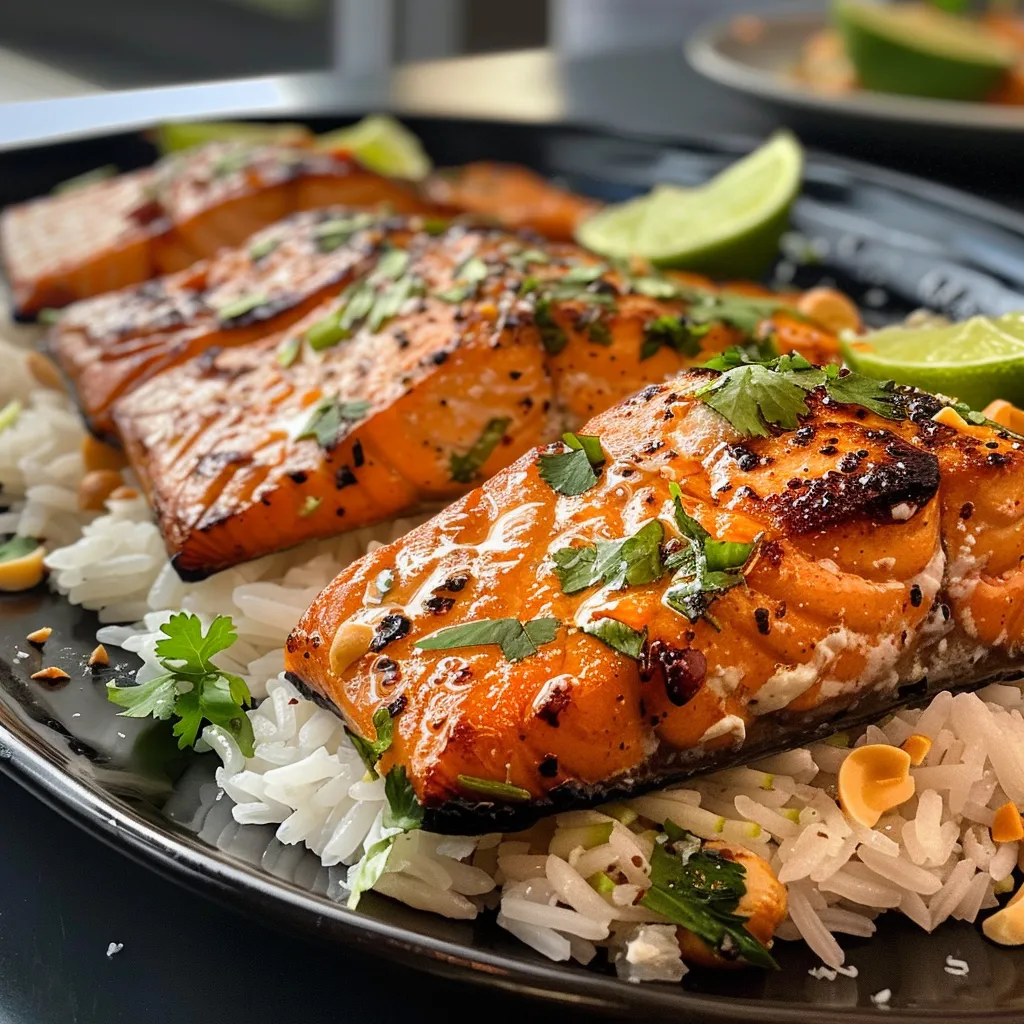 Colorful presentation of salmon with green onions and toasted coconut topping on rice.