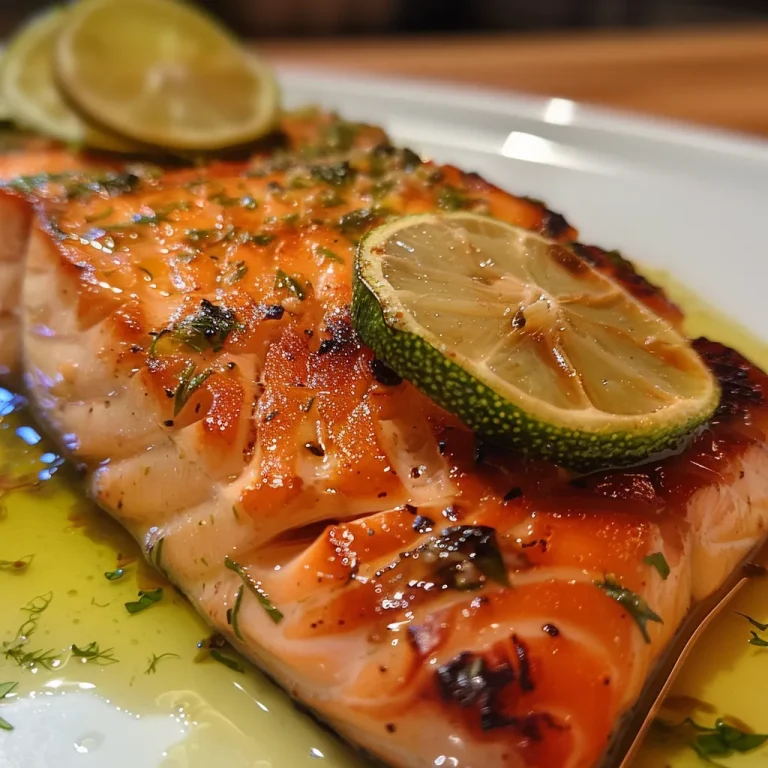 Oven-baked salmon with lemon slices and fresh herbs.