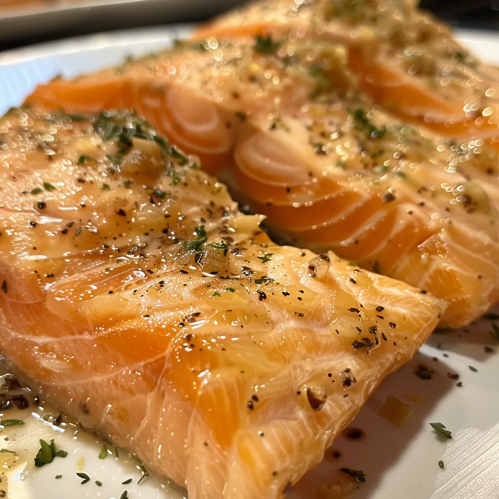 Side view of salmon dish featuring lemon and dill seasoning.