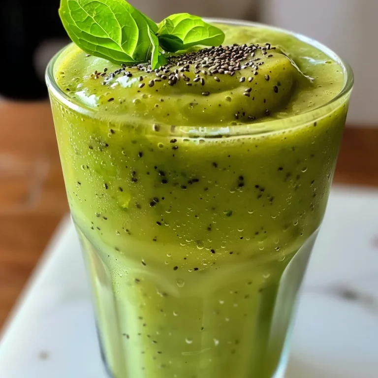 Copo transparente com smoothie verde, decorado com fatias de abacaxi e limão.