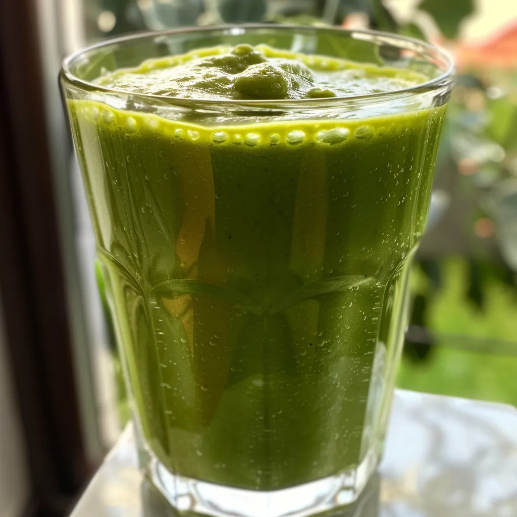 Bebida verde detox em primeiro plano, com gelo e sementes de chia flutuando.