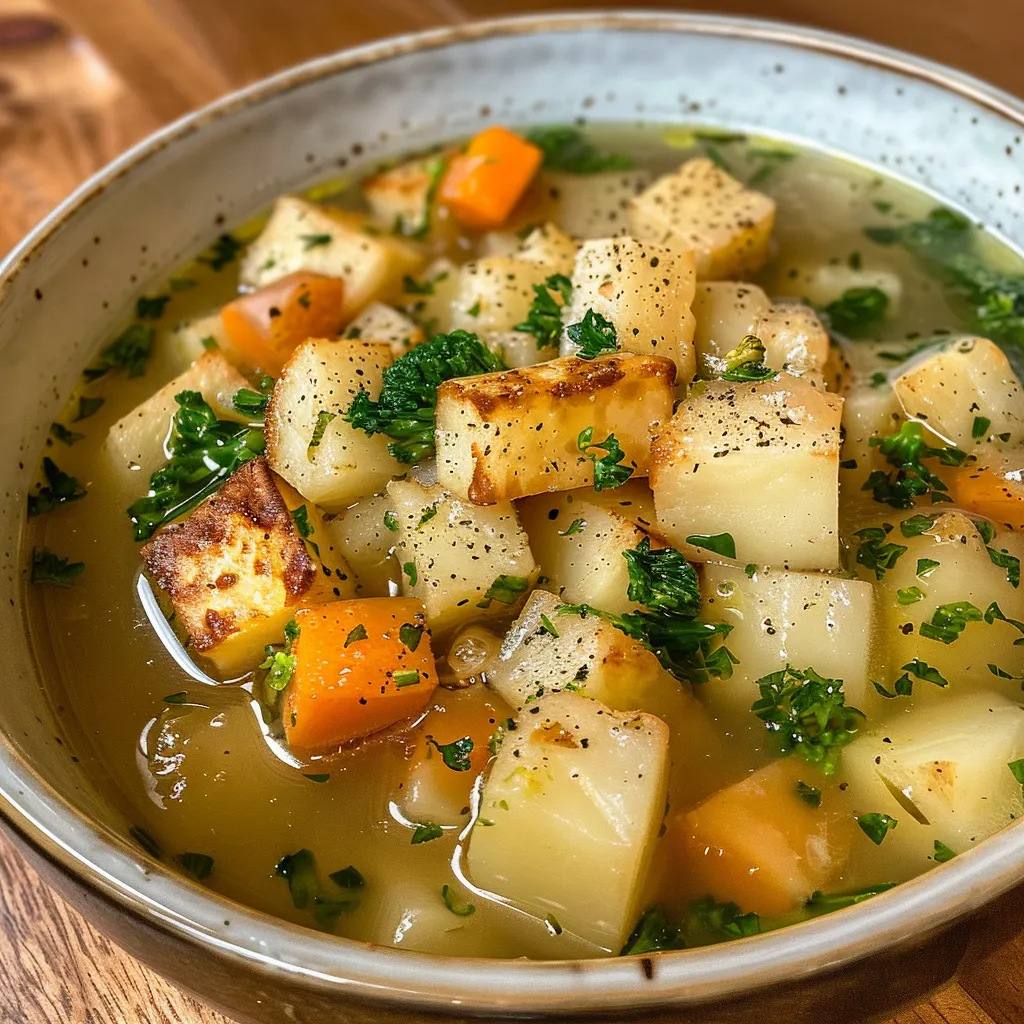 Close-up of a steaming bowl of light vegetable soup, garnished with parsley.