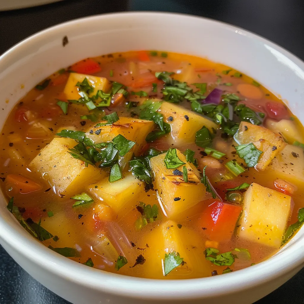 Detailed close-up of a healthy cabbage soup filled with vegetables.