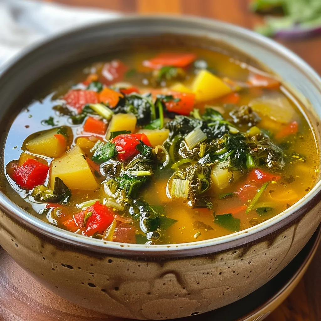 A rich bowl of detox soup showcasing green cabbage and bright peppers.