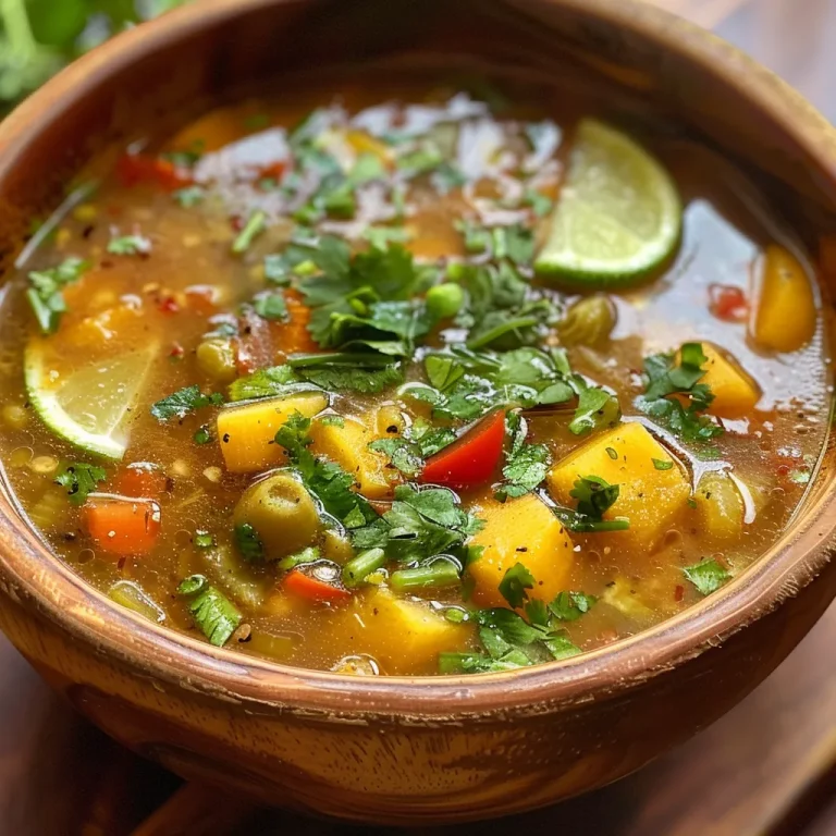 Detailed shot of a hearty sopa detox featuring green and orange ingredients in a clear broth.