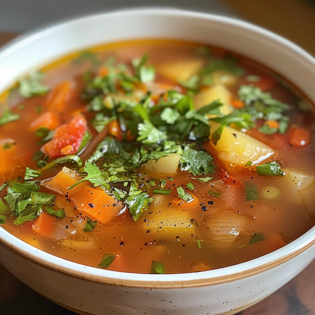 Appetizing view of a detox soup with chunks of vegetables and shredded meat in a rustic bowl.