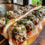 Detailed shot of a hoagie roll filled with beef meatballs and herbs.