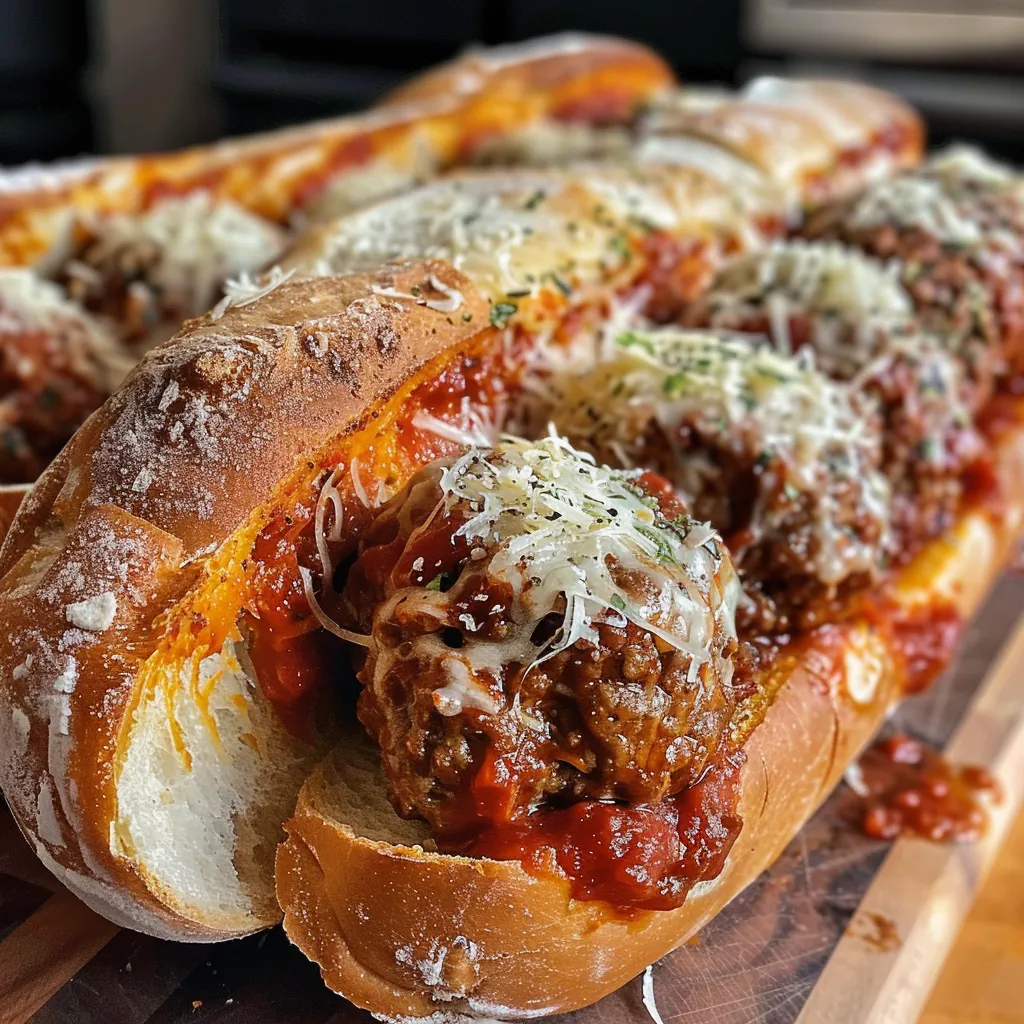 Close-up view of a delicious meatball sandwich garnished with fresh herbs.