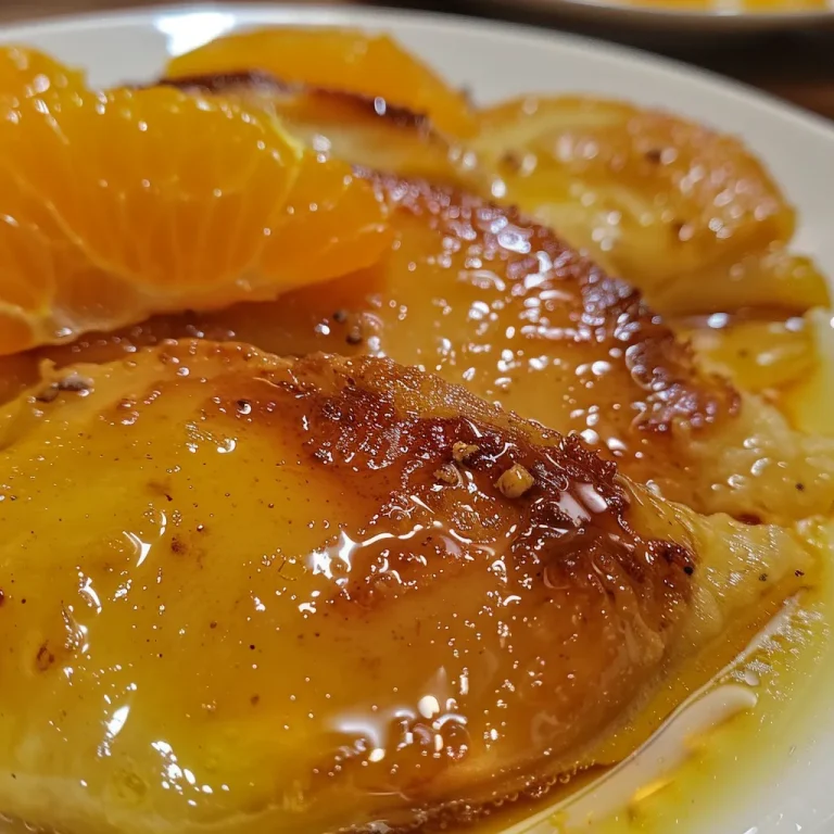 Detailed shot of Tender ao Molho de Laranja e Mel with droplets of orange sauce glistening.