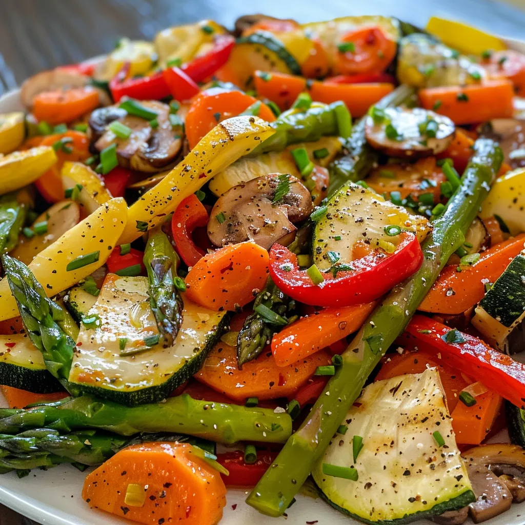 Foto de vegetais salteados, capturando a suculência e o brilho dos ingredientes.