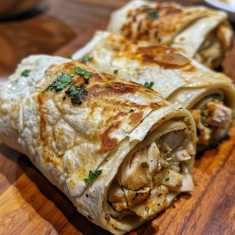Delicious creamy chicken wrap displayed on a wooden surface.