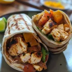 Vista lateral de um wrap de frango grelhado, focando nos ingredientes frescos.