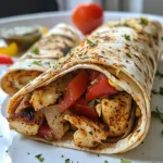 Close-up detalhado de um wrap de frango pronto para ser degustado.