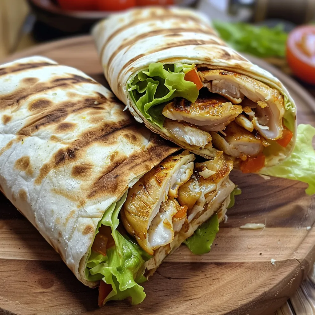 Imagem de um wrap de frango com molho cremoso e vegetais coloridos.