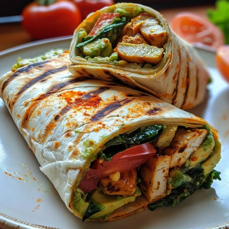 Detalhe de um wrap de frango e avocado em uma apresentação apetitosa.
