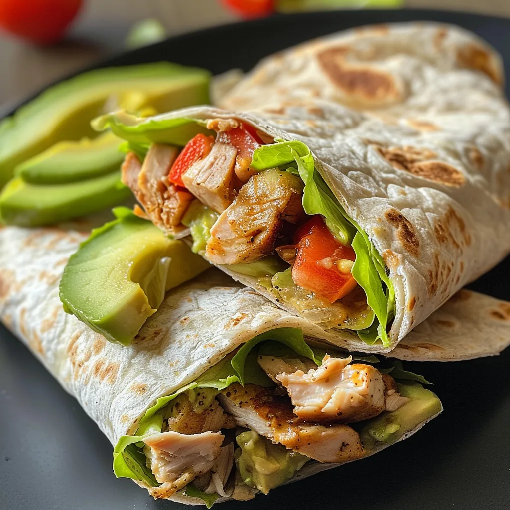 Visual lateral de um wrap fit de frango com abacate e vegetais.