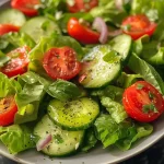 Juicy salad close-up showcasing vibrant vegetables and a drizzle of olive oil.