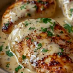 Succulent chicken breasts topped with creamy garlic cheese sauce.