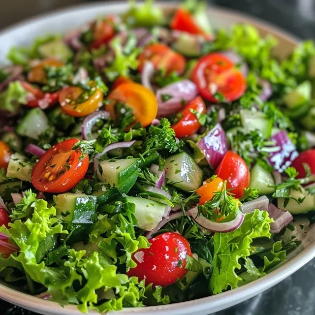 Delicious Easy Green Salad with a mix of greens, tomatoes, and herbs highlighted.