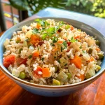 Imagem de arroz combinado com cenoura, milho e tomates.