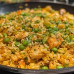 Detailed shot of fragrant arroz especial, featuring carrots, peas, and corn.