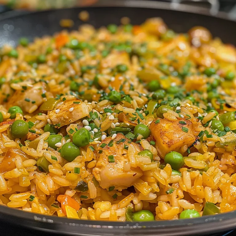 Celebre o Dia das Mães com um Arroz Especial Colorido e Delicioso Detailed shot of fragrant arroz especial, featuring carrots, peas, and corn.
