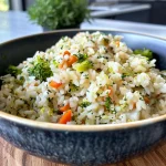 Side view of vibrant rice mixed with broccoli, carrots, and kale.